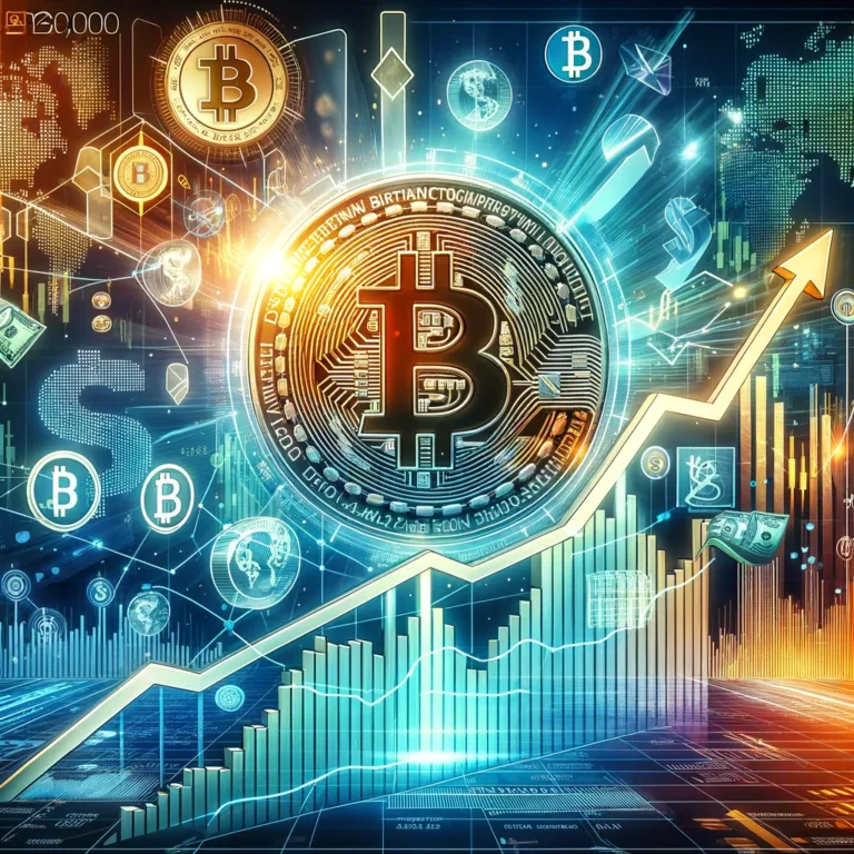 DALL·E 2024-02-08 16.48.38 - A dynamic visual illustrating Bitcoin's projected climb to $120,000 against the backdrop of a depreciating US dollar, featuring charts and symbols tha