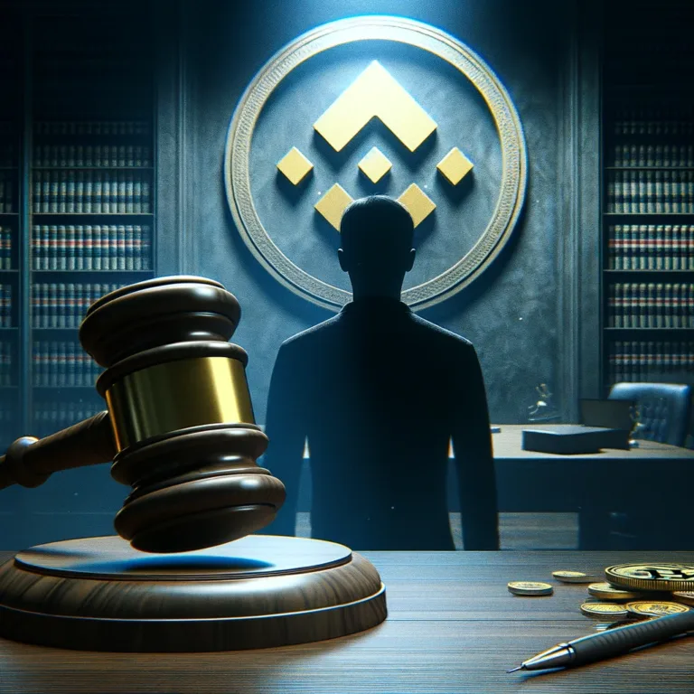 DALL·E 2024-02-21 11.37.52 - A visually compelling image that encapsulates Binance's legal challenges. The scene includes a large gavel dominating the foreground, symbolizing lega