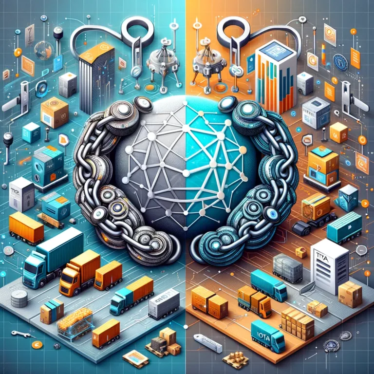 DALL·E 2024-02-22 11.30.13 - Design an image that contrasts VeChain's robust, permissioned blockchain solutions against IOTA's innovative Tangle technology, illustrating their riv