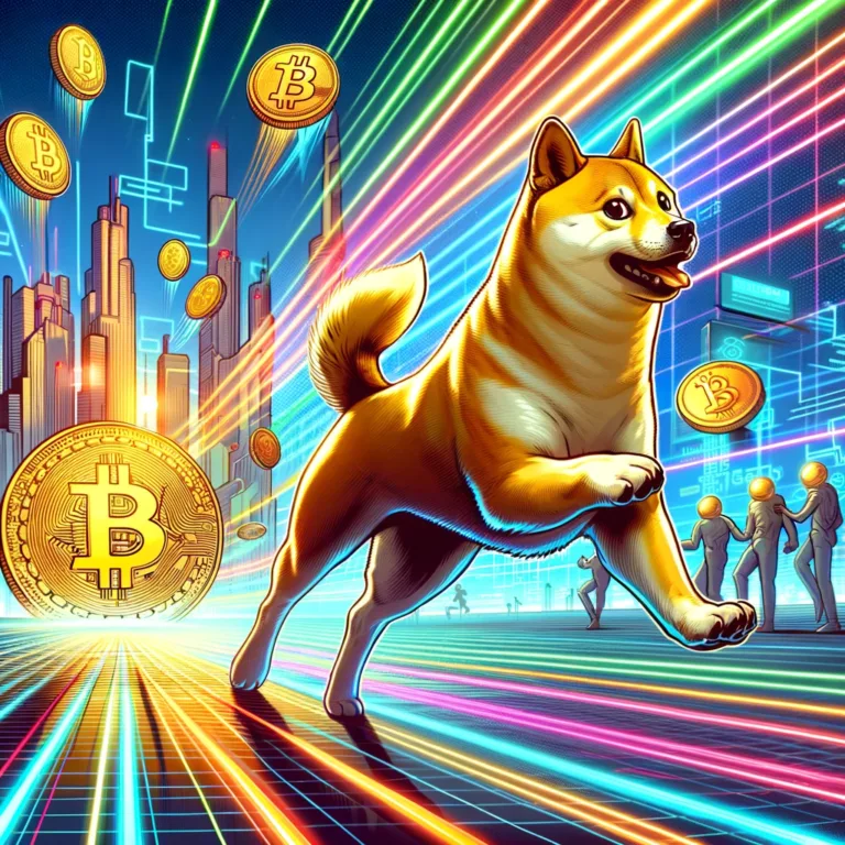 DALL·E 2024-02-22 17.26.26 - Visualize the concept of Dogecoin defying the broader cryptocurrency market slowdown with an illustrative metaphor. The image should showcase a vibran
