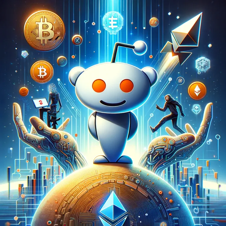 DALL·E 2024-02-23 10.44.13 - Illustrate Reddit's strategic pivot towards embracing blockchain technology and its significant investments in Bitcoin and Ethereum, as unveiled in it
