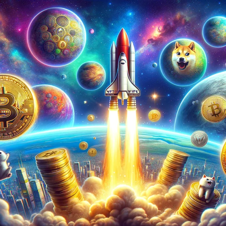 DALL·E 2024-02-24 11.27.55 - A digital art piece featuring a rocket launching into space with various meme coins, including WIF and Dogecoin, depicted as planets in the background