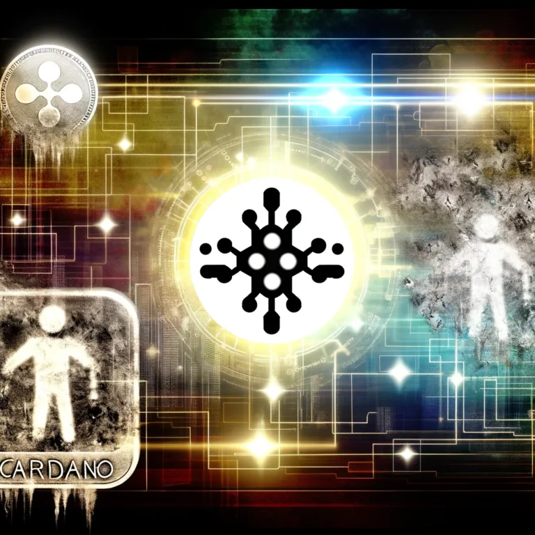 DALL·E 2024-02-26 15.38.04 - A digital collage representing the Cardano blockchain ecosystem with a visual metaphor of resilience and stability amidst chaos. The image should incl